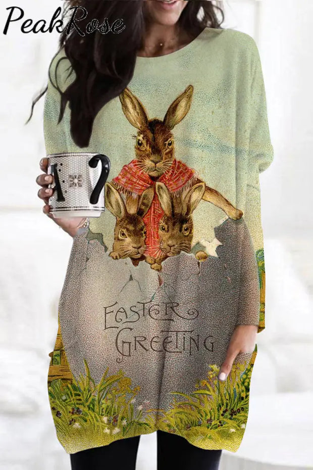 Easter Greeting The Three Rabbits Living In Egg House Tunic With Pockets S / Green