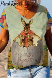 Easter Greeting The Three Rabbits Living In Egg House V Neck T-Shirt T-Shirt