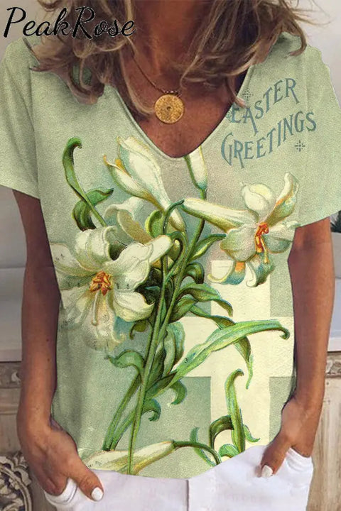 Easter Greetings Cross & Lilies V Neck T-Shirt T-Shirt