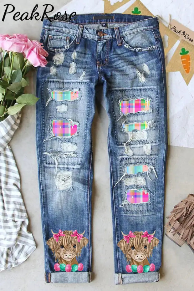 Easter Highland Cow With Pink Bow Hairpin Macarons Plaid Print Ripped Denim Jeans