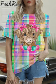 Easter Highland Cow With Pink Bow Hairpin Macarons Plaid Print Round Neck T-Shirt T-Shirt