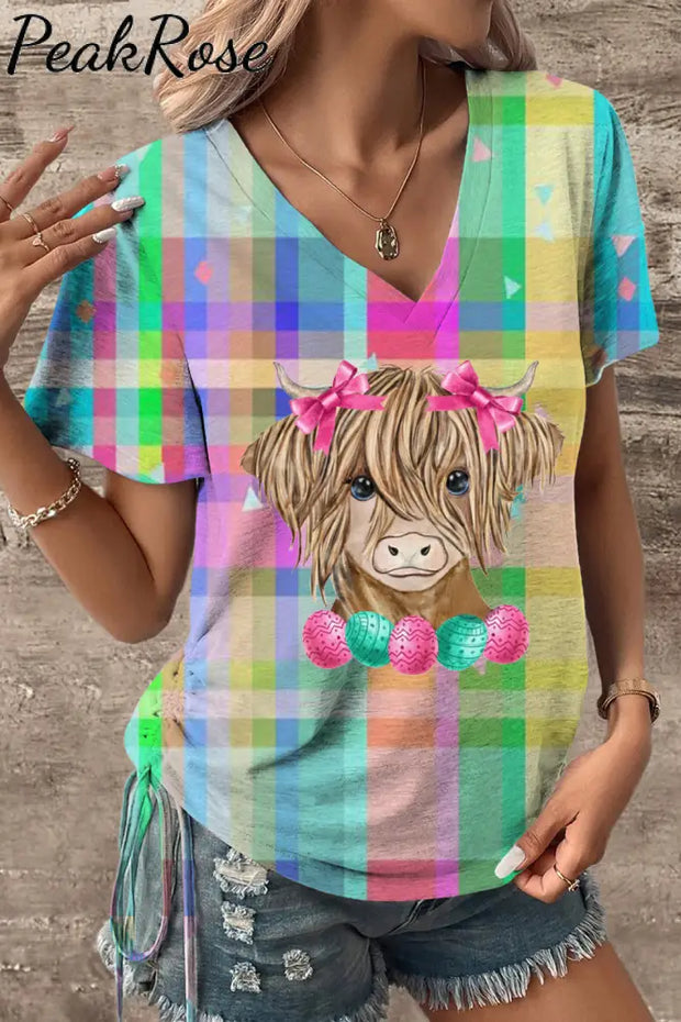 Easter Highland Cow With Pink Bow Hairpin Macarons Plaid Print V-Neck T-Shirt T-Shirt