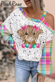 Easter Highland Cow With Pink Bow Hairpin Polka Print Off-Shoulder Blouse