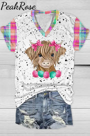 Easter Highland Cow With Pink Bow Hairpin Polka Print V-Neck T-Shirt T-Shirt