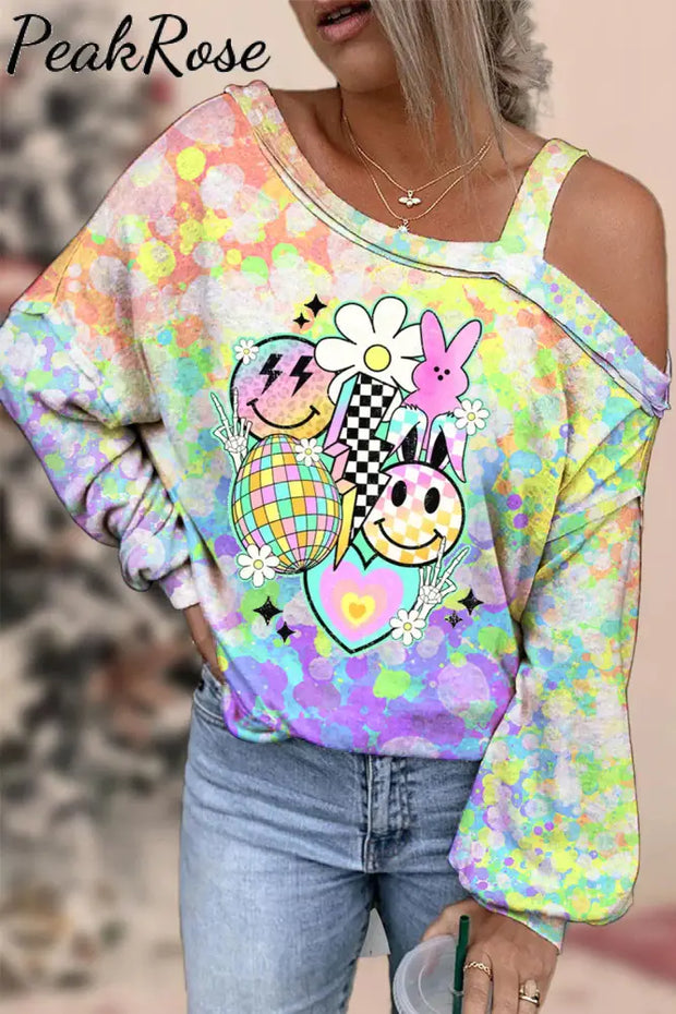 Easter Macaron Color Cute Funny Bunny Eggs Off-Shoulder Blouse Tie Dye / S