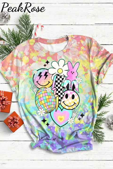 Easter Macaron Color Cute Funny Bunny Eggs Round Neck Short Sleeve T-Shirt