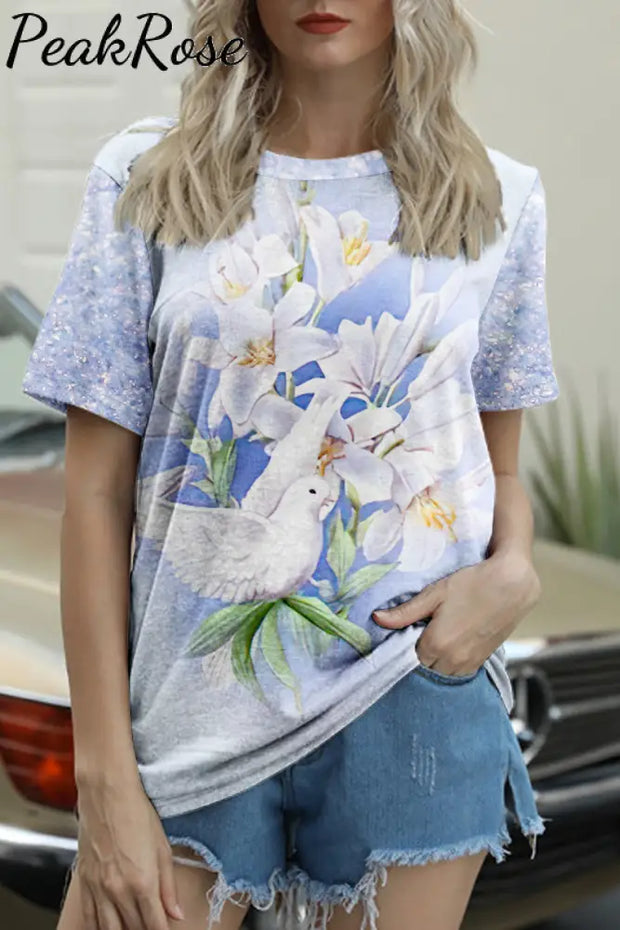 Easter Raise Up Holy Doves & Flowers Print Round Neck T-Shirt T-Shirt