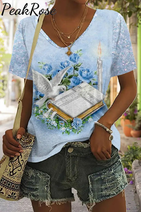 Easter Raise Up Holy Doves & Flowers Print V-Neck T-Shirt T-Shirt