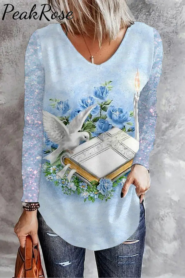 Easter Raise Up Holy Doves & Flowers V-Neck Long Sleeve T-Shirt T-Shirt