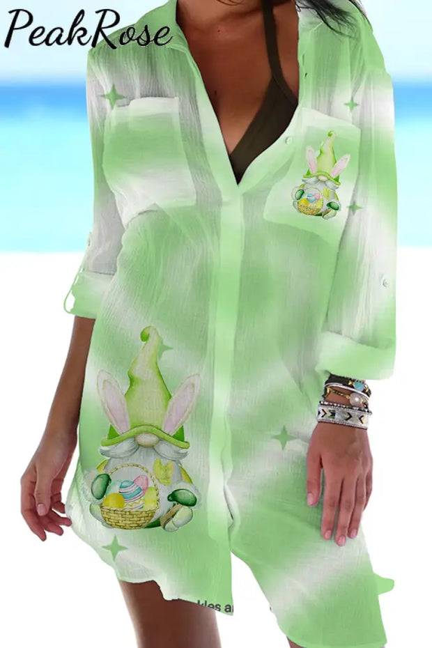 Easter Spring Green Love Gnomes And Eggs Print Patch Front Pockets Shirt S / Photo Color