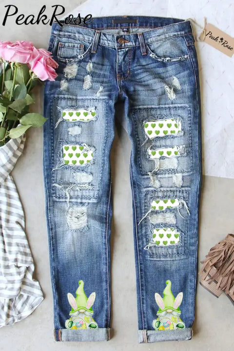 Easter Spring Green Love Gnomes And Eggs Printed Ripped Denim Jeans