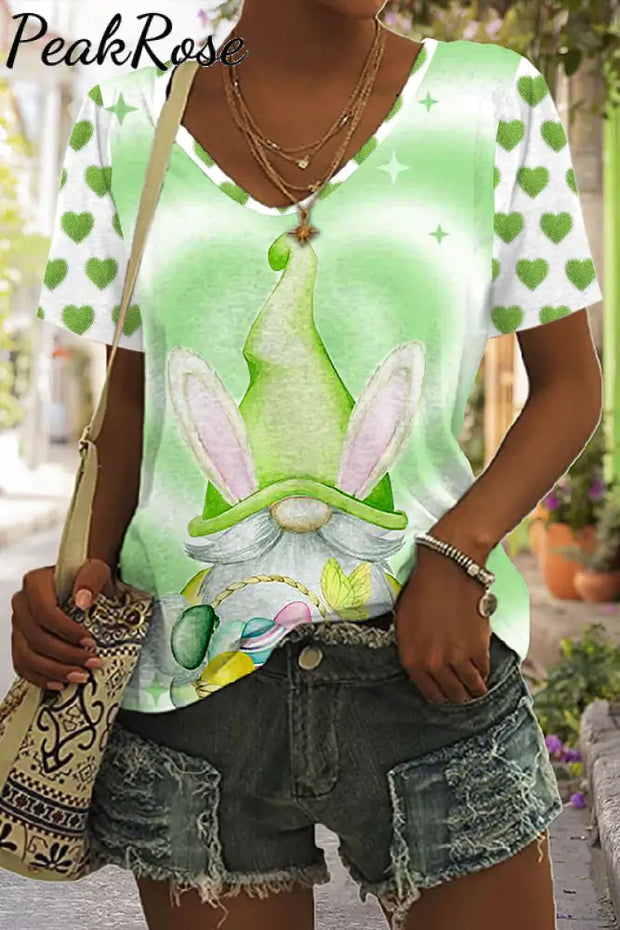 Easter Spring Green Love Gnomes And Eggs Printed V Neck T-Shirt S / Photo Color T-Shirt