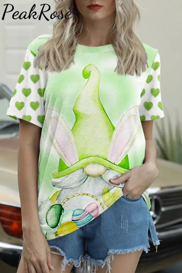 Easter Spring Green Love Gnomes And Eggs Round Neck T-Shirt T-Shirt