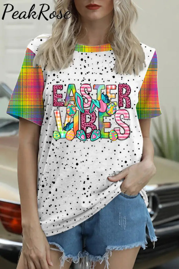 Easter Vibe Happy Day Bunny Polka Print Round Neck T-Shirt T-Shirt