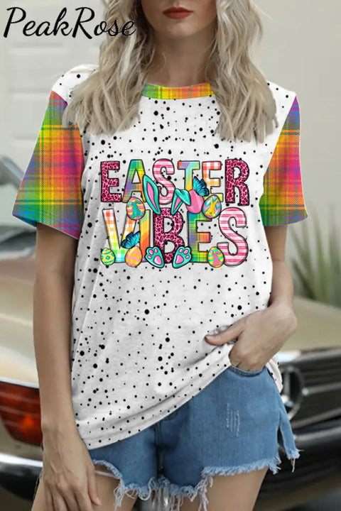 Easter Vibe Happy Day Bunny Polka Print Round Neck T-Shirt T-Shirt