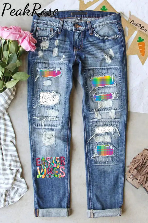 Easter Vibe Happy Day Bunny Print Ripped Denim Jeans