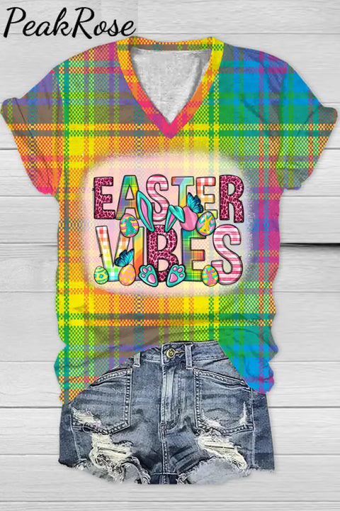 Easter Vibe Happy Day Bunny Print V-Neck T-Shirt T-Shirt