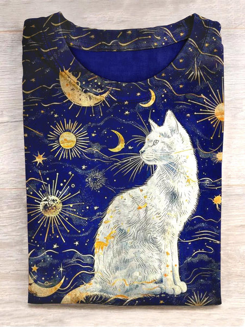 Starry Sky Moon Sun Cat Art Print Casual Short Sleeve T-Shirt