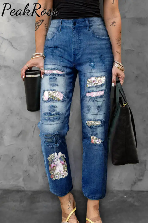 Egg Glitter Rabbit White Denim Jeans