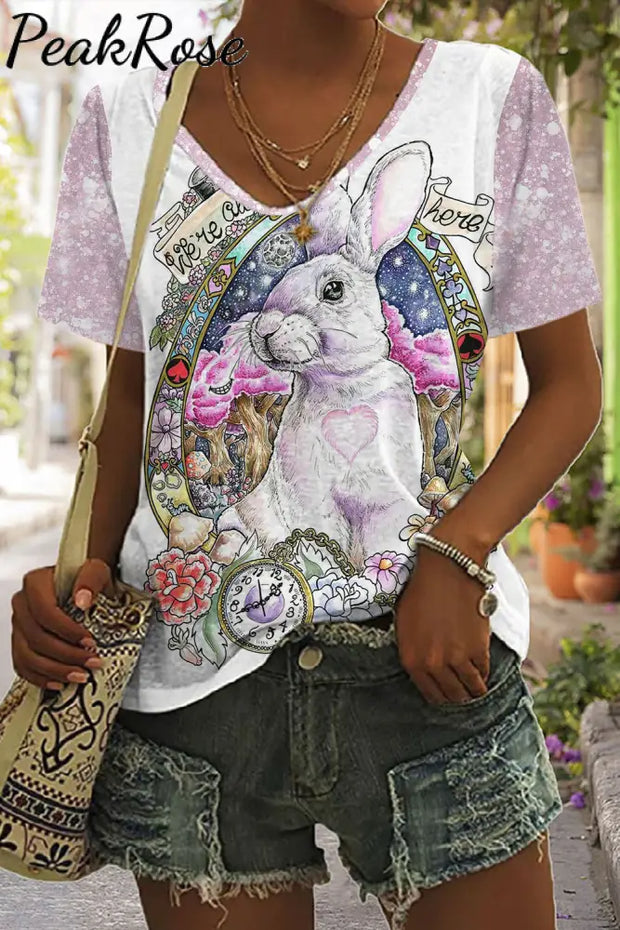 Egg Glitter Rabbit White Printed V Neck T-Shirt T-Shirt