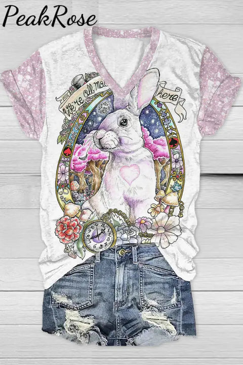 Egg Glitter Rabbit White Printed V Neck T-Shirt T-Shirt