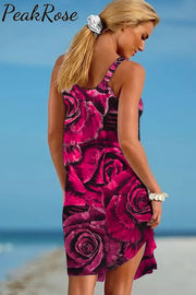 Elegant Beautiful Red Rose Pattern Sleeveless Dress