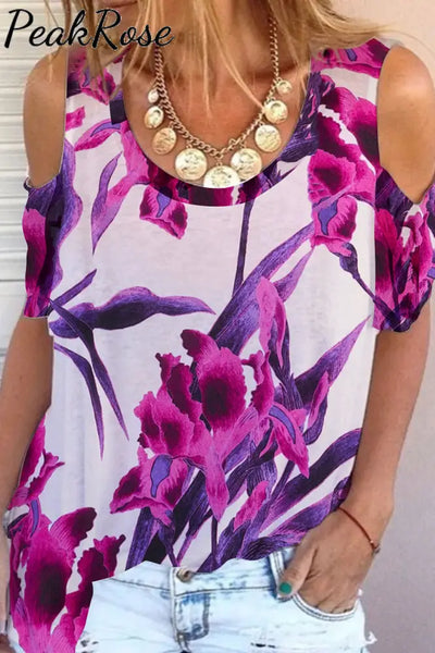 Elegant Purple Orchid Floral-Print Cold Shoulder T-Shirt T-Shirt