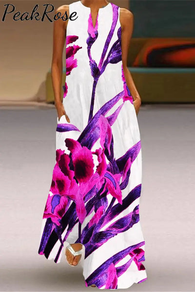 Elegant Purple Orchid Floral-Print Sleeveless Maxi Dress