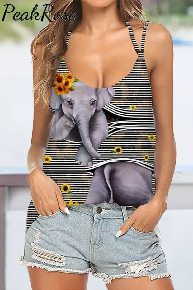 Elephant Sunflower Print Halter Top Tops