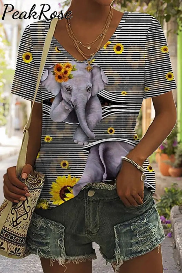 Elephant Sunflower Print Tie-Dye V Neck T-Shirt T-Shirt