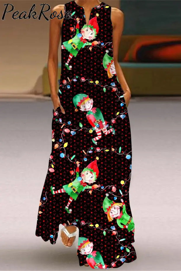 Elf Dance Print Sleeveless Maxi Dress