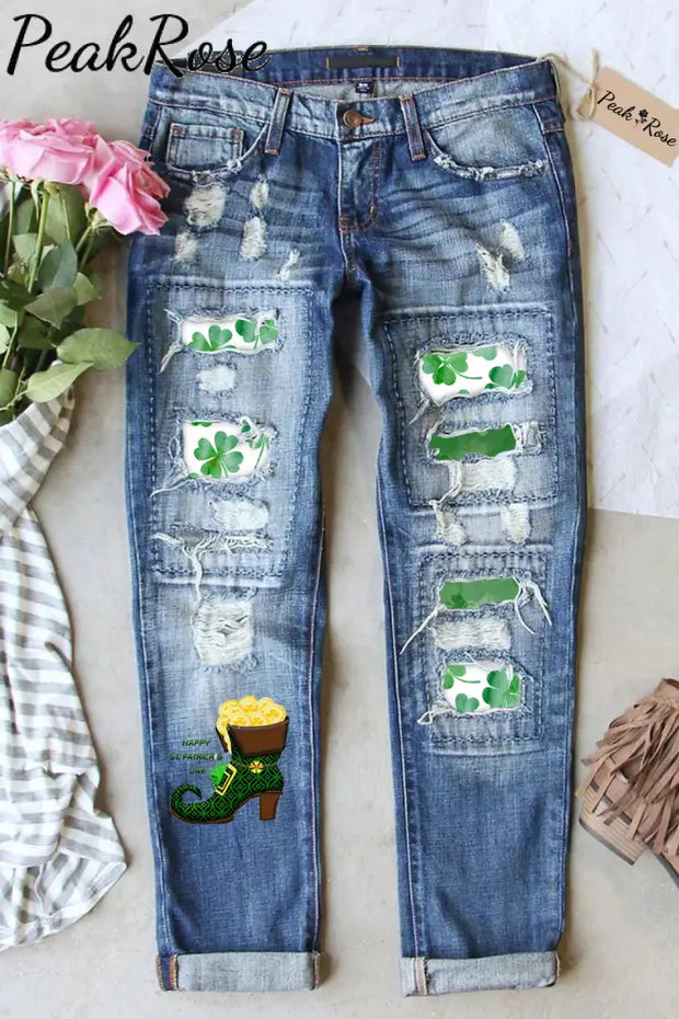 Elf Green High Heels Filled With Gold Coins Ripped Denim Jeans S / Blue