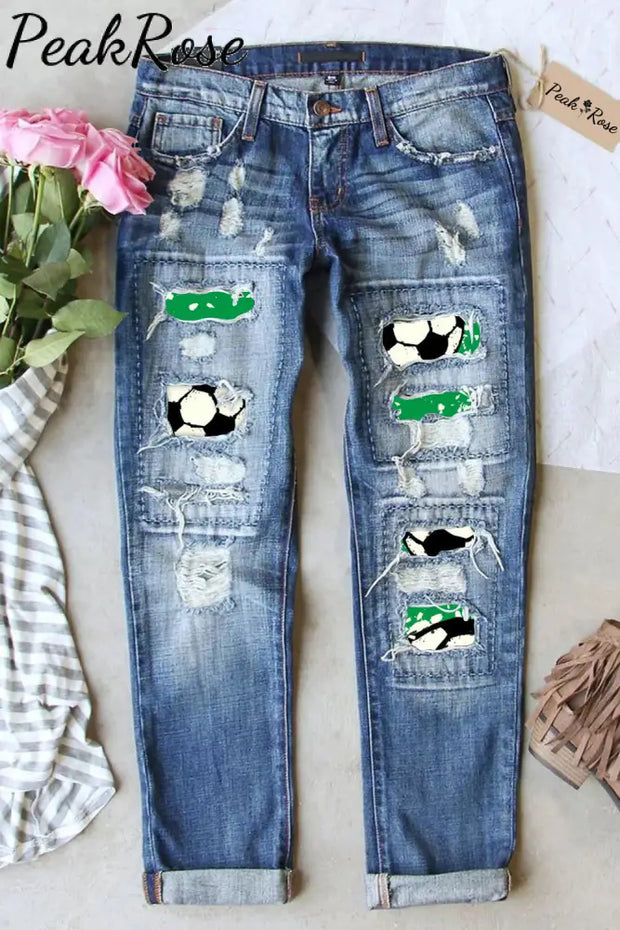 Engraving Football On Grass Print Ripped Denim Jeans