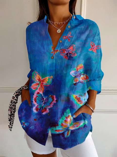 Butterfly Print Casual Long Sleeve Shirt