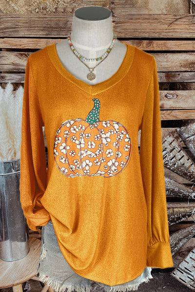 Classic Halloween Floral Pumpkin V-neck Long-sleeved Top