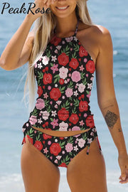 Falling In Love Floral Print Bikini Swimsuit S / Black