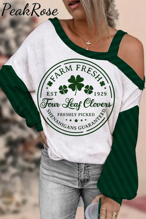 Farm Fresh Four Leaf Clovers Est 1929 Off-Shoulder Blouse S / Black