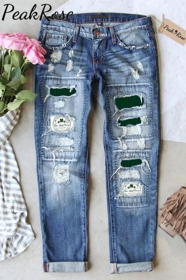 Farm Fresh Four Leaf Clovers Est 1929 Ripped Denim Jeans S