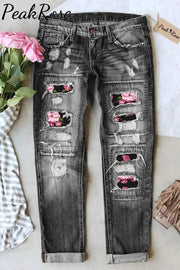 Fashion Floral Print Vintage Ripped Black Jeans