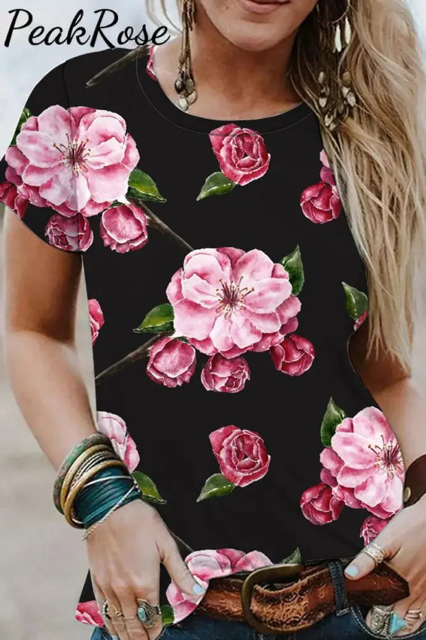 Fashion Floral Print Vintage T-Shirt S / Black T-Shirt