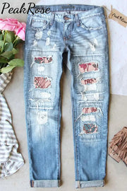 Fashion Flower And Leaf Print Pink Vintage Light Blue Jeans