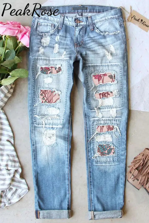 Fashion Flower And Leaf Print Pink Vintage Light Blue Jeans