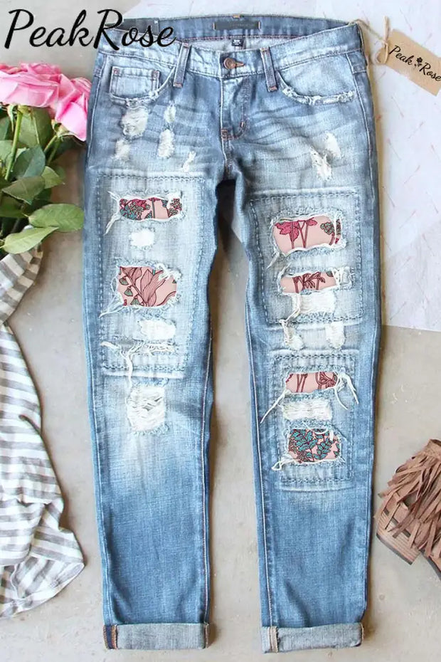 Fashion Flower And Leaf Print Pink Vintage Light Blue Jeans