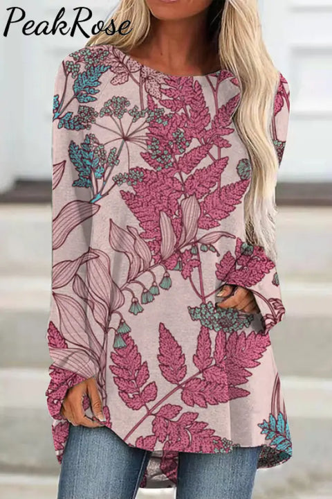 Fashion Flower And Leaf Print Pink Vintage Long-Sleeved Sweater Top Tunic