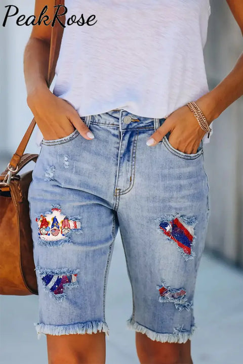 Flag Gnome Print Denim Shorts Bermuda