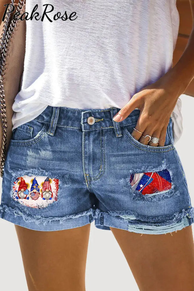 Flag Gnome Print Ripped Denim Shorts