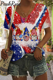 Flag Gnome Print Tie-Dye V Neck T-Shirt T-Shirt