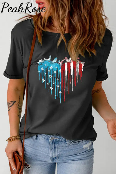 Flag Heart Shape Star Birds Print T-Shirt S / Black T-Shirt