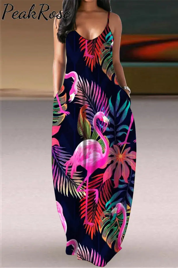 Flamingo Print Cami Maxi Dress S / Black