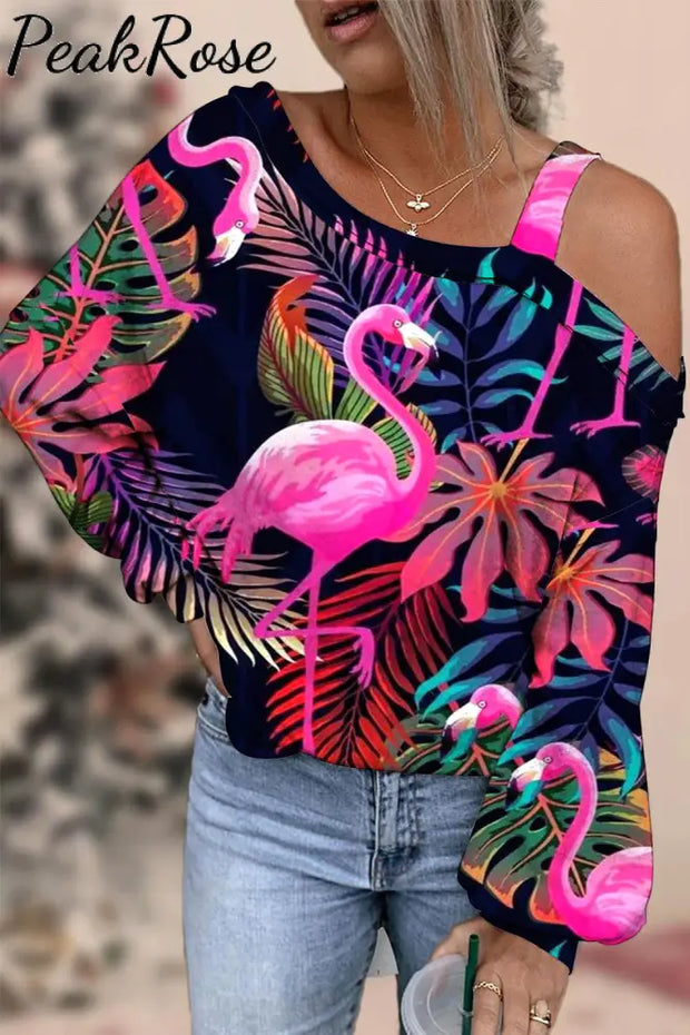 Flamingo Print Off-Shoulder Blouse S / Black